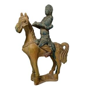 Old Chinese Tang Style Dynasty Pottery War Horse/Warrior Rider Statue -Antique